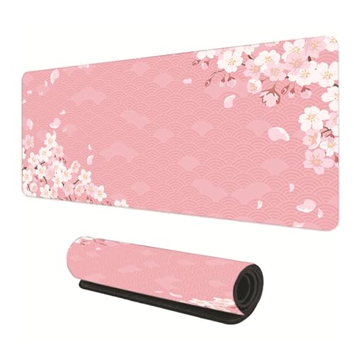 Großes Gaming-Mauspad mit genähten KantenS, Kirschblüten Design, Unter der Schreibtischunterlage, Schreibtischpad für Tastatur und Maus für PC/Laptop, 80×30cm (Rosa) von GUSXPPD