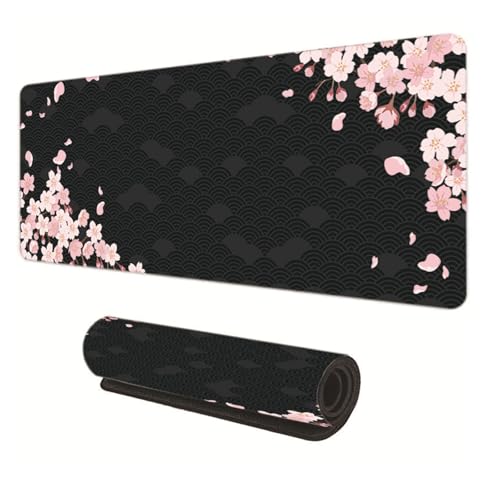 Großes Gaming-Mauspad mit genähten KantenS, Kirschblüten Design, Unter der Schreibtischunterlage, Schreibtischpad für Tastatur und Maus für PC/Laptop, 80×30cm (Schwarz) von GUSXPPD