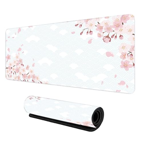 Großes Gaming-Mauspad mit genähten KantenS, Kirschblüten Design, Unter der Schreibtischunterlage, Schreibtischpad für Tastatur und Maus für PC/Laptop, 80×30cm (Weiß) von GUSXPPD