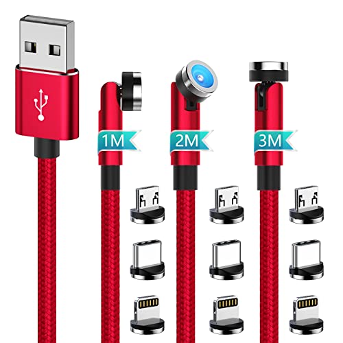 Magnetisch USB ladekabel,540-Grad-Drehung USB-C-Ladekabel [3er Pack 1m/2m/3m rot] Kompatibel mit iPhone, iPad, Samsung Android-Telefonen und -Tablets,Micro-USB/Typ-C Anschluss kabel von GUUGEI