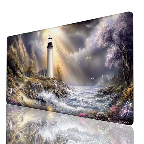 Schreibtischunterlage, Meerblick Mauspad XXL 100x50x0.3cm, Erweitertes Gaming Mauspad mit Genähten Kanten, rutschfeste wasserdichte Gummiunterseite Mousepad Leuchtturm, für Gaming Zubehör GYL-8788 Schreibtischunterlage, Meerblick Mauspad XXL 100x50x0.3cm, Erweitertes Gaming Mauspad mit Genähten Kanten, rutschfeste wasserdichte Gummiunterseite Mousepad Leuchtturm, für Gaming Zubehör GYL-8788 von GUUOYUAL