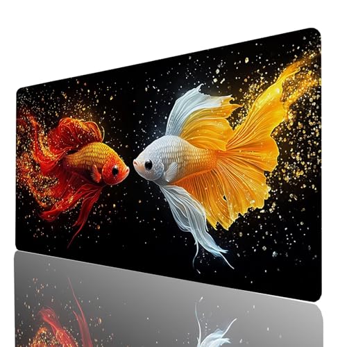 Schreibtischunterlage, Schwarz Mauspad XXL 100x40x0.3cm, Erweitertes Gaming Mauspad mit Genähten Kanten, Rutschfeste Wasserdichte Gummiunterseite Mousepad Fisch, für Gaming Zubehör Tisch Deko 8359-GYL von GUUOYUAL