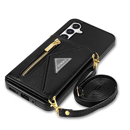 GUVAGI Handyhülle für Samsung Galaxy A55 5G Hülle mit Band Klappbar, Leder Klapphülle Reißverschluss Stoßfest Schutzhülle Magnet Aesthetic Mädchen Handy Hülle mit Kette Umhängen (Schwarz) von GUVAGI