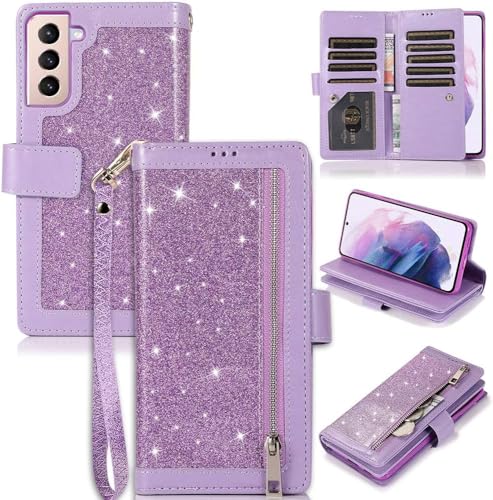 GUVAGI Handyhülle für Samsung Galaxy S21 FE 5G Hülle mit Band Klappbar, Glitzer Leder Klapphülle Handykette Flip 9-Karten Schutzhülle Magnet Aesthetic Handy Hülle mit Kette Umhängen (Lila) von GUVAGI