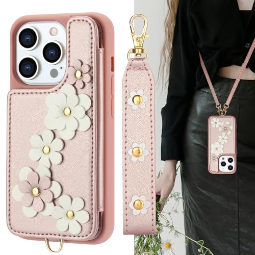 GUVAGI Handyhülle für iPhone 12 hülle mit Band,Handy Hülle für iPhone 12 Pro Handykette Case, Blumen Leder Klapphülle Stoßfest Schutzhülle Magnet Aesthetic Mädchen mit Kette Umhängen (Rosa) von GUVAGI