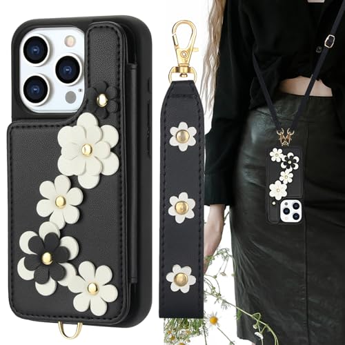 GUVAGI Handyhülle für iPhone 15 Pro Hülle mit Band Handy Hülle Case, Blumen Leder Cover Klapphülle Stoßfest Schutzhülle Magnet Aesthetic Mädchen Hülle mit Kette Umhängen (Schwarz) von GUVAGI