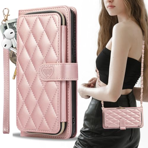 GUVAGI Handyhülle für iPhone 15 Pro Hülle mit Band Handykette Case Klappbar, Leder Klapphülle Handykette Flip 9-Karten Schutzhülle Magnet Aesthetic Handy Hülle mit Kette Umhängen (Rosa) von GUVAGI