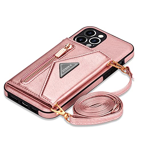 GUVAGI für iPhone 16 Pro Hülle mit Band Handykette Handyhülle,Flip 4-Kartenfach Case Leder Handy Hülle Klapphülle Reißverschluss Handytasche Mädchen Cover mit Kette Schnur Tasche Umhängen (Rosa) von GUVAGI