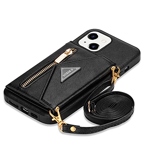 GUVAGI Handyhülle für iPhone 14 Hülle mit Band Handykette Case, Leder Cover Klapphülle Reißverschluss Stoßfest Schutzhülle Magnet Aesthetic Mädchen Handy Hülle mit Kette Umhängen (Schwarz) von GUVAGI