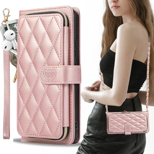 GUVAGI Hülle für iPhone 14 Pro Max mit Band Handyhülle Case Klappbar, Leder Klapphülle Handykette Flip 9-Karten Schutzhülle Magnet Aesthetic Handy Hülle mit Kette Umhängen (Rosa) von GUVAGI