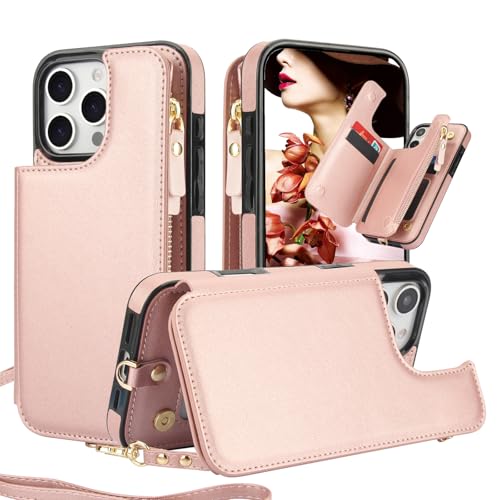 GUVAGI für iPhone 16 Pro Hülle mit Band Handyhülle Handytasche,Flip 6-Kartenfach Dünn Leder Handykette Reißverschluss Klapphülle Aesthetic Mädchen Case mit Kette Schnur Tasche Umhängen (Rosa) von GUVAGI