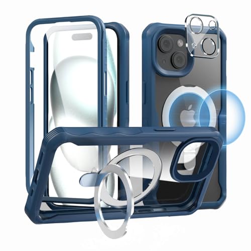 GUtttGU Schutzhülle Kompatibel mit iPhone 15 Hülle Magsafe mit Panzerglas Eingebaut Displayschutzfolie & Kameraschutz & Magnetisch Ring Ständer Stoßfest 360 Grad Handyhülle für iPhone 15 6.1" Blau von GUtttGU