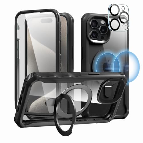 GUtttGU Schutzhülle Kompatibel mit iPhone 15 Pro Hülle Magsafe mit Panzerglas Eingebaut mit Kameraschutz mit Magnetisch Ring Ständer Stoßfest 360 Grad Handyhülle für iPhone 15 Pro 6.1" Schwarz von GUtttGU