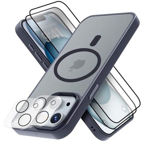 GUtttGU 5 in 1 Set Handyhülle Kompatibel mit iPhone 15 Hülle MagSafe Matte 1x iPhone 15 Schutzhülle mit 2 Displaychutzfolie Panzerglas und 2 Kamera Schutzfolie für iPhone 15 6.1" Blau von GUtttGU