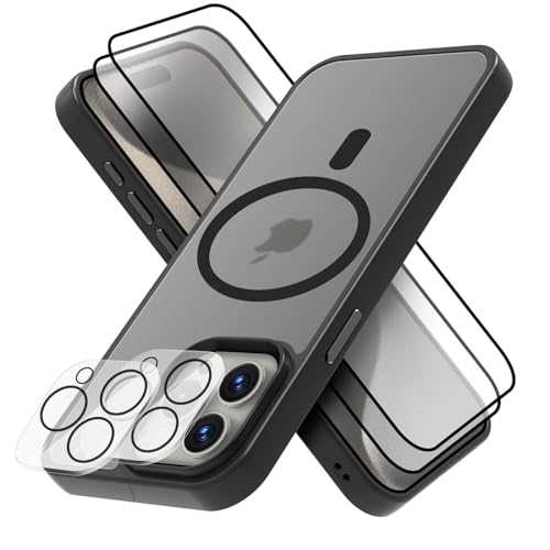 GUtttGU 5 in 1 Set Handyhülle Kompatibel mit iPhone 15 Pro Hülle MagSafe Matte 1x iPhone 15 Pro Schutzhülle mit 2 Displaychutzfolie Panzerglas und 2 Kamera Schutzfolie für iPhone 15 Pro 6.1" Schwarz von GUtttGU