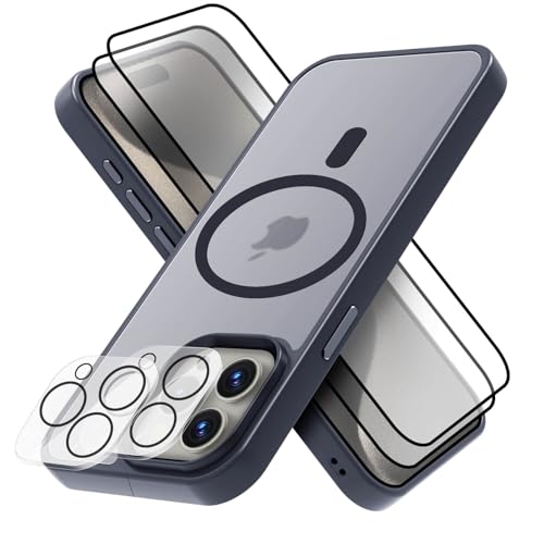 GUtttGU 5 in 1 Set Handyhülle Kompatibel mit iPhone 15 Pro Hülle MagSafe Matte 1x iPhone 15 Pro Schutzhülle mit 2 Displaychutzfolie Panzerglas und 2 Kamera Schutzfolie für iPhone 15 Pro 6.1" Blau von GUtttGU