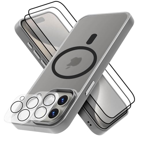 GUtttGU 5 in 1 Set Handyhülle Kompatibel mit iPhone 15 Pro Hülle MagSafe Matte 1x iPhone 15 Pro Schutzhülle mit 2 Displaychutzfolie Panzerglas und 2 Kamera Schutzfolie für iPhone 15 Pro 6.1" Gris von GUtttGU