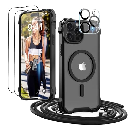 GUtttGU Handykette für iPhone 12 Pro Max Hülle mit Band mit 2 Displaychutzfolie Panzerglas + 2 Kamera Schutzfolie Klar Handyhülle Kompatibel mit Magsafe Schutzhülle Case für iPhone 12 Pro Max Schwarz von GUtttGU