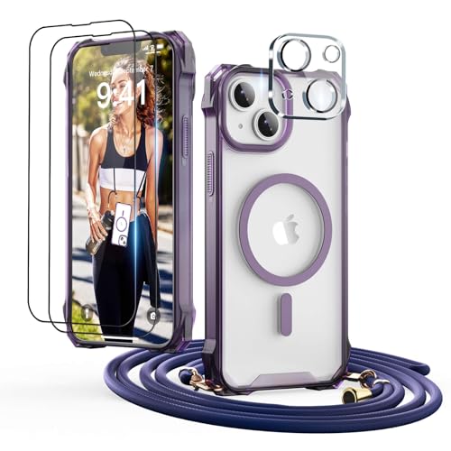 GUtttGU Handykette für iPhone 14 Hülle mit Band mit 2 Displaychutzfolie Panzerglas + 2 Kamera Schutzfolie Transparent Handyhülle Kompatibel mit Magsafe Schutzhülle Case für iPhone 14 Violett von GUtttGU