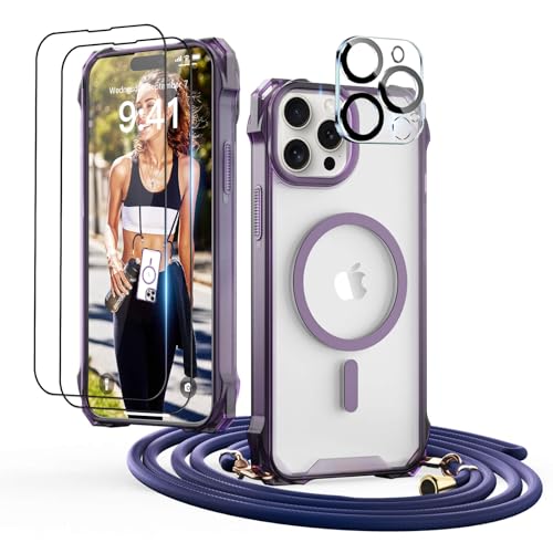 GUtttGU Handykette für iPhone 14 Pro Hülle mit Band mit 2 Displaychutzfolie Panzerglas + 2 Kamera Schutzfolie Transparent Handyhülle Kompatibel mit Magsafe Schutzhülle Case für iPhone 14 Pro Violett von GUtttGU