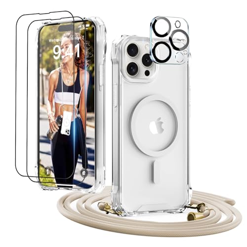 GUtttGU Handykette für iPhone 14 Pro Max Hülle mit Band mit 2 Displaychutzfolie Panzerglas + 2 Kamera Schutzfolie Handyhülle Kompatibel mit Magsafe Schutzhülle Case für iPhone 14 Pro Max Transparent von GUtttGU