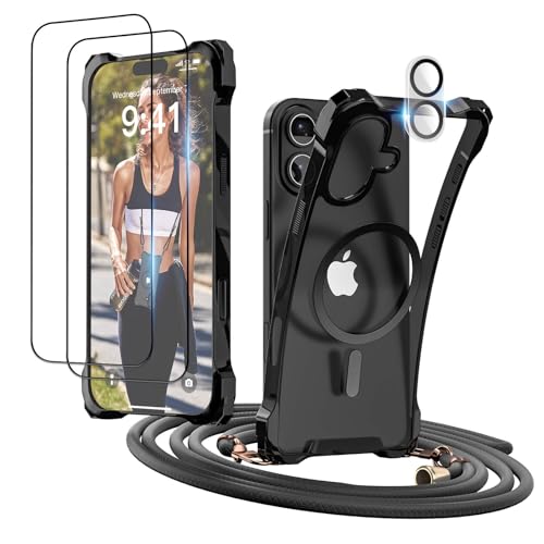 GUtttGU Handykette für iPhone 16 Plus Hülle mit Band mit 2 Displaychutzfolie Panzerglas + 2 Kamera Schutzfolie Klar Handyhülle Kompatibel mit Magsafe Schutzhülle für iPhone 16 Plus Schwarz von GUtttGU