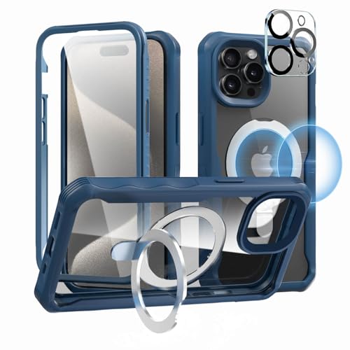 GUtttGU Schutzhülle Kompatibel mit iPhone 15 Pro Hülle Magsafe mit Panzerglas Eingebaut mit Kameraschutz mit Magnetisch Ring Ständer Stoßfest 360 Grad Handyhülle für iPhone 15 Pro 6.1" Blau von GUtttGU