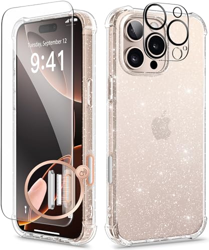 GVIEWIN Kompatibel mit iPhone 16 Pro Max Hülle 6,9" 2024, mit Schutzfolie + Kameraschutz, [Militärischer Schutz] Anti-Gelb Glitzer Bling Klar Dünn Stoßfest Kratzfest Handyhülle,Glitzer von GVIEWIN