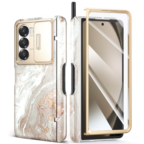 GVIEWIN Kompatibel mit Samsung Fold 6 Hülle mit S Pen-Halter,Schiebekamera Abdeckung & Front Displayschutz, Scharnierschutz Marmor Kratzfest Robuste Militär Schutzhülle, Perlglanz/Weiß von GVIEWIN