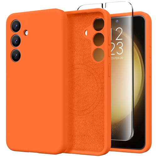 GVIEWIN Kompatibel mit Samsung Galaxy S24 Hülle mit Displayschutzfolie, Kompatibel mit Magsafe, integrierte Kamera aus silikon Rundumschutz stoßfest Kratzfest weiches Mikrofaserfutter, Neon orange von GVIEWIN