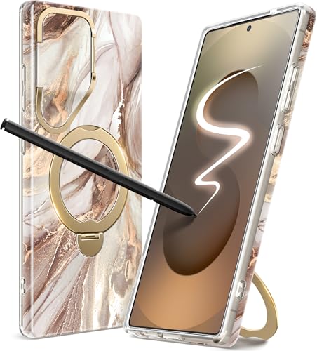 GVIEWIN Kompatibel mit Samsung Galaxy S25 Ultra Hülle[Integrierter Kamera Abdeckung Ständer][Kompatibel mit Magsafe]mit 360° Drehung Magnetring Ständer Marmor Stoßfest Kratzfest Hülle,Topas/Gold von GVIEWIN
