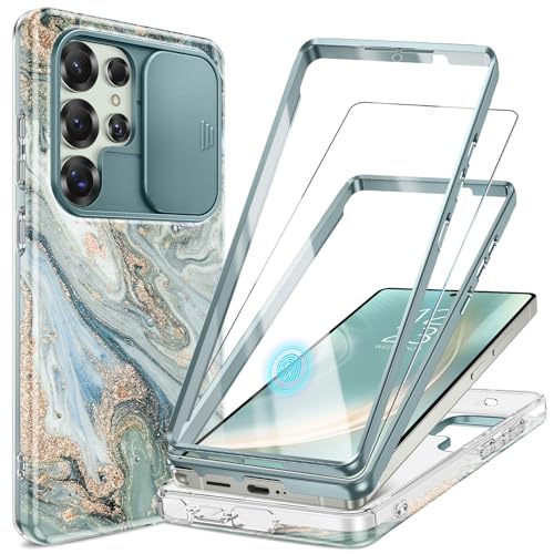 GVIEWIN Kompatibel mit Samsung Galaxy S25 Ultra Hülle mit Schiebekamera Abdeckung+HD Displayschutz, [2 Frontrahmen] 360° Stoßfester Kratzfest Marmor Schutzhülle für S25 Ultra 6,9", Grün von GVIEWIN