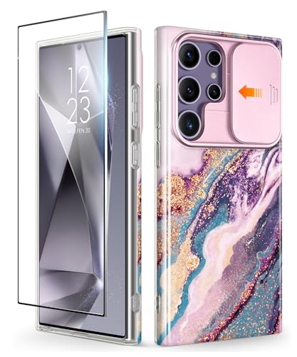 GVIEWIN Kompatibel mit Samsung Galaxy Ultra Hülle mit Schiebekamera Abdeckung+Displayschutzfolie, [10FT Fall stoßfest] Marmor Anti-Kratz stoßfeste Schutzhülle 5G 6,8 Zoll 2024, Dreamland River/Lila von GVIEWIN