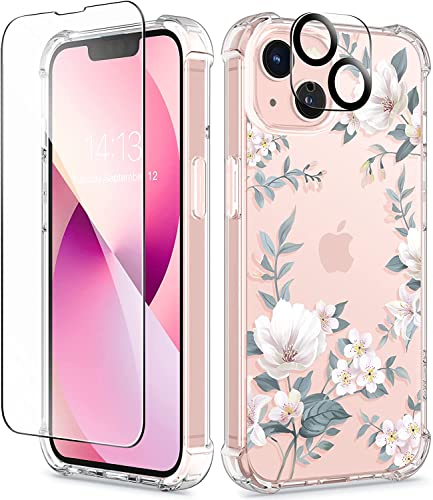 GVIEWIN Kompatibel mit iPhone 13 Hülle 6,1 Zoll 2021, mit Displayschutz Schutzfolie + Kamera Schutzfolie, klares Blumenmuster Weiche TPU Stoßfeste Schutzhülle Cover Handyhülle (Magnolie/Weiß) von GVIEWIN