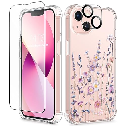 GVIEWIN Kompatibel mit iPhone 13 Hülle 6,1 Zoll 2021, mit Schutzglas + Kamera Schutzglas, klares Blumen Frauen Dünne Weiche TPU Stoßfeste Schutzhülle Cover Handyhülle (Floratopia/Bunt) von GVIEWIN