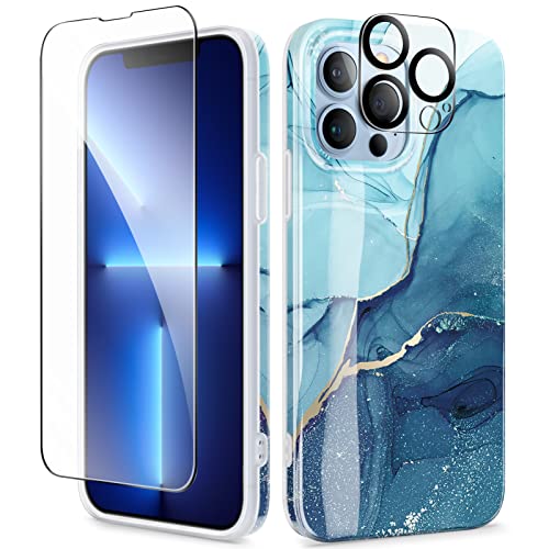 GVIEWIN Kompatibel mit iPhone 13 Pro Max Hülle 6,7" 2021 5G, mit Schutzglas + Kamera Schutzglas, Marmor Ultra dünn Schlank glänzend weich TPU Stoßfest Handyhülle Cover Schutzhülle (Navy Blau) von GVIEWIN