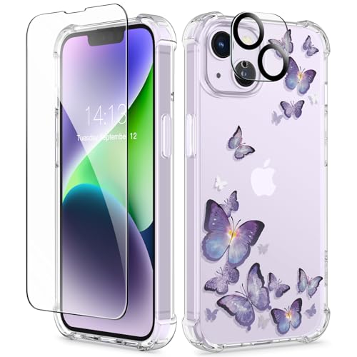 GVIEWIN Kompatibel mit iPhone 14 Hülle 6,1 Zoll 2022, mit Displayschutz Schutzfolie + Kamera Schutzfolie, Blume Klar TPU Dünne Stoßfest Kratzfestes Weiche Handyhülle Schutzhülle, Lila GVIEWIN Kompatibel mit iPhone 14 Hülle 6,1 Zoll 2022, mit Displayschutz Schutzfolie + Kamera Schutzfolie, Blume Klar TPU Dünne Stoßfest Kratzfestes Weiche Handyhülle Schutzhülle, Lila von GVIEWIN