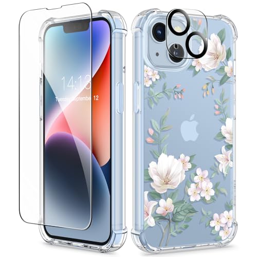 GVIEWIN Kompatibel mit iPhone 14 Hülle 6,1 Zoll 2022, mit Displayschutz Schutzfolie + Kamera Schutzfolie, Blume Klar TPU Dünne Stoßfest Kratzfestes Weiche Handyhülle Schutzhülle, Magnolie/Weiß GVIEWIN Kompatibel mit iPhone 14 Hülle 6,1 Zoll 2022, mit Displayschutz Schutzfolie + Kamera Schutzfolie, Blume Klar TPU Dünne Stoßfest Kratzfestes Weiche Handyhülle Schutzhülle, Magnolie/Weiß von GVIEWIN