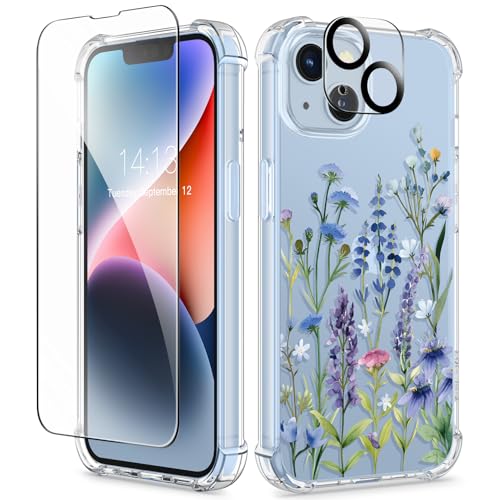 GVIEWIN Kompatibel mit iPhone 14 Hülle 6,1 Zoll 2022,mit Displayschutz Schutzfolie+Kamera Schutzfolie,Blume Klar TPU Dünne Stoßfest Kratzfestes Weiche Handyhülle Schutzhülle, Süßes Posy/Blau GVIEWIN Kompatibel mit iPhone 14 Hülle 6,1 Zoll 2022,mit Displayschutz Schutzfolie+Kamera Schutzfolie,Blume Klar TPU Dünne Stoßfest Kratzfestes Weiche Handyhülle Schutzhülle, Süßes Posy/Blau von GVIEWIN