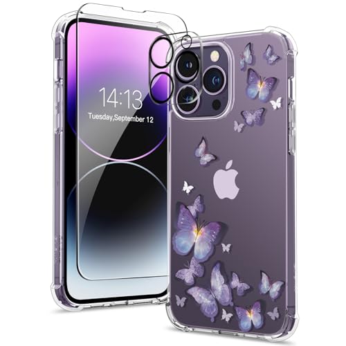 GVIEWIN Kompatibel mit iPhone 14 Pro Hülle 6,1 Zoll 2022, mit Displayschutz Schutzfolie + Kamera Schutzfolie[SGS Militärschutz] Blume Klar Hard PC Dünne Bumper Stoßfeste Schutzhülle, Lila von GVIEWIN
