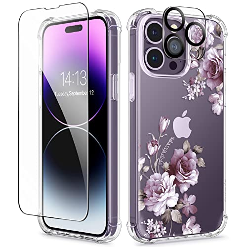GVIEWIN Kompatibel mit iPhone 14 Pro Max Hülle 6,7" 2022,mit Displayschutz Schutzfolie+Kamera Schutzfolie[SGS Militärschutz] Blume Klar TPU Stoßfest Kratzfestes Weiche Handyhülle,Rosenstrauch/Lila von GVIEWIN