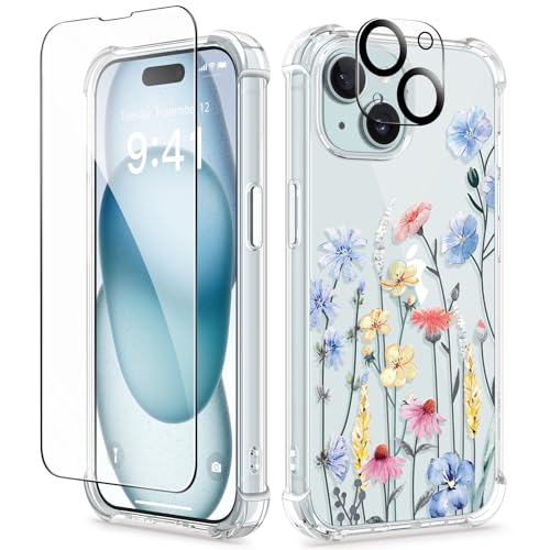 GVIEWIN Kompatibel mit iPhone 15 Hülle 6,1" 2023, mit Displayschutzfolie + Kameraschutz, [Militärischer Schutz] Anti-Gelb Blume Klar TPU Dünn Stoßfest Kratzfest Handyhülle,Eisenhut/Hellblau von GVIEWIN