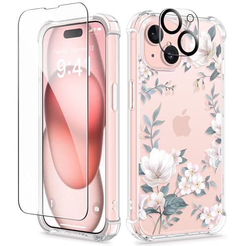 GVIEWIN Kompatibel mit iPhone 15 Hülle 6,1" 2023, mit Displayschutzfolie + Kameraschutz, [Militärischer Schutz] Anti-Gelb Blume Klar TPU Dünn Stoßfest Kratzfest Handyhülle, Magnolie/Weiß von GVIEWIN