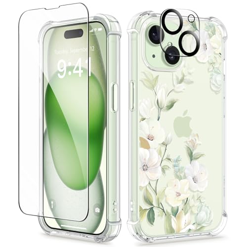 GVIEWIN Kompatibel mit iPhone 15 Hülle 6,1" 2023, mit Displayschutzfolie + Kameraschutz, [Militärischer Schutz] Anti-Gelb Blume Klar TPU Dünn Stoßfest Kratzfest Handyhülle, Hibiskus/Grün von GVIEWIN