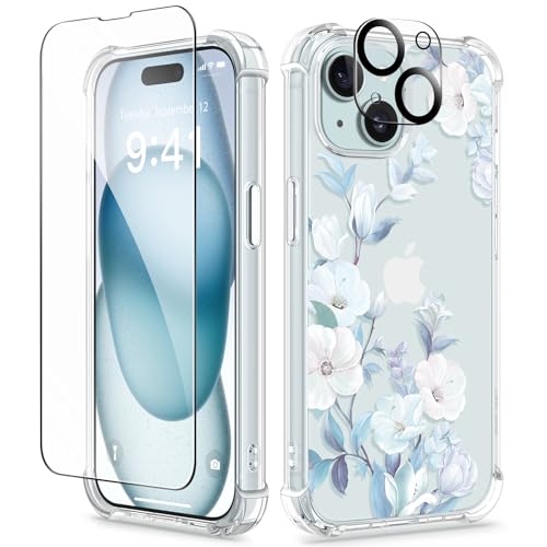 GVIEWIN Kompatibel mit iPhone 15 Hülle 6,1" 2023, mit Displayschutzfolie + Kameraschutz, [Militärischer Schutz] Anti-Gelb Blume Klar TPU Dünn Stoßfest Kratzfest Handyhülle, Hibiskus von GVIEWIN