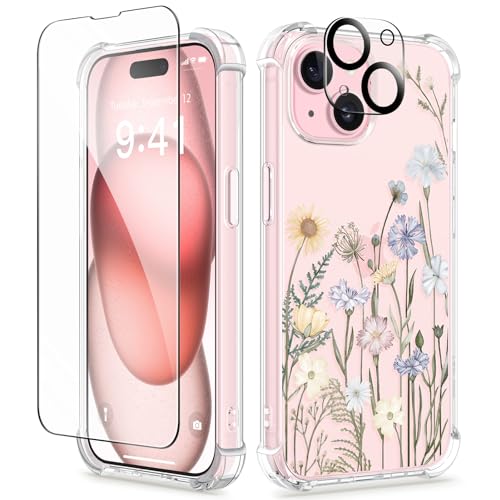 GVIEWIN Kompatibel mit iPhone 15 Hülle 6,1" 2023, mit Displayschutzfolie + Kameraschutz, [Militärischer Schutz] Anti-Gelb Blume Klar TPU Dünn Stoßfest Kratzfest Handyhülle,Lebendiger Frühling von GVIEWIN