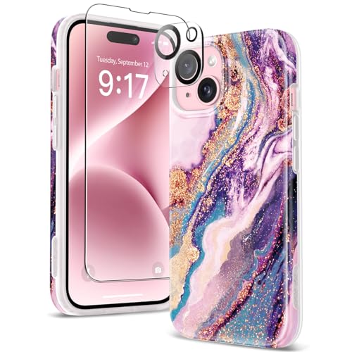 GVIEWIN Kompatibel mit iPhone 15 Hülle 6,1" 2023, mit Schutzfolie + Kameraschutz, [Militärischer Schutz] Anti-Gelb Glitzer Marmor Muster TPU Dünn Stoßfest Kratzfest Schutzhülle Handyhülle, Lila von GVIEWIN