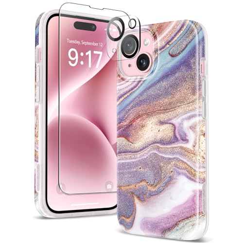 GVIEWIN Kompatibel mit iPhone 15 Hülle 6,1" 2023, mit Schutzfolie + Kameraschutz, [Militärischer Schutz] Anti-Gelb Glitzer Marmor Muster TPU Dünn Stoßfest Kratzfest Schutzhülle Handyhülle, Rosa von GVIEWIN