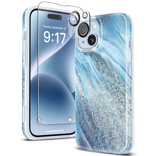 GVIEWIN Kompatibel mit iPhone 15 Hülle 6,1" 2023,mit Schutzfolie+Kameraschutz, [Militärischer Schutz]Anti-Gelb Glitzer Marmor Muster TPU Dünn Stoßfest Kratzfest Schutzhülle Handyhülle (Cavansit/Blau) von GVIEWIN