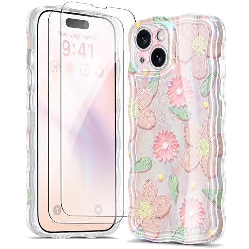 GVIEWIN Kompatibel mit iPhone 15 Hülle [Kameraschutz & Displayschutz] Süßes buntes Ölgemälde-Blumendesign, [Wellenrand] Schlanke, stoßfeste Schutzhülle für Frauen, Hibiskus/Rosa von GVIEWIN